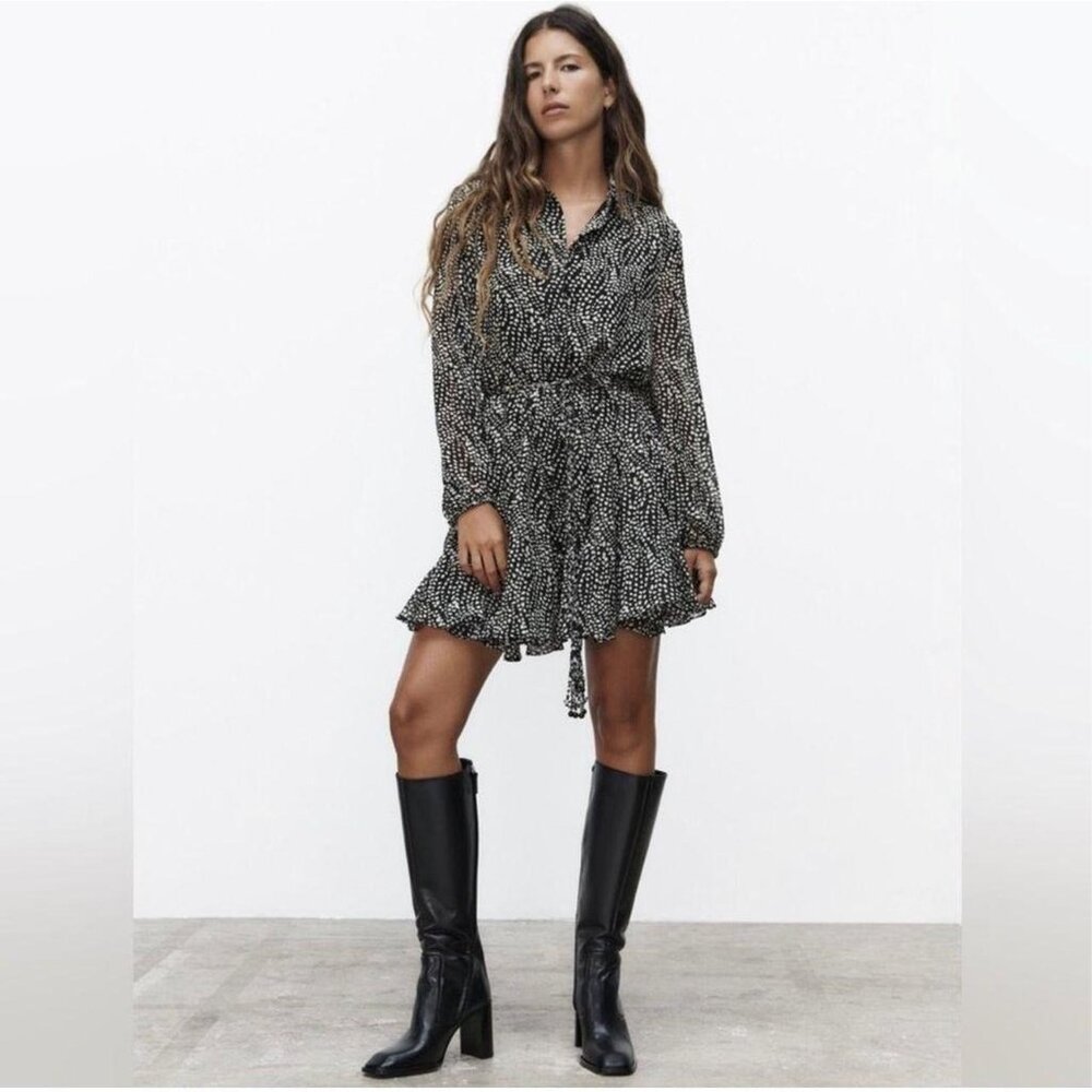 Zara Size S Black And White Polka Dot Flounce Mini Shirt Dress Long Sleeve